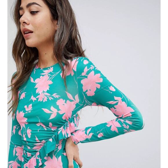 ASOS Turquoise Green and Pink Floral Ruched Ruffle Midi Dress 4 - Picture 2 of 8